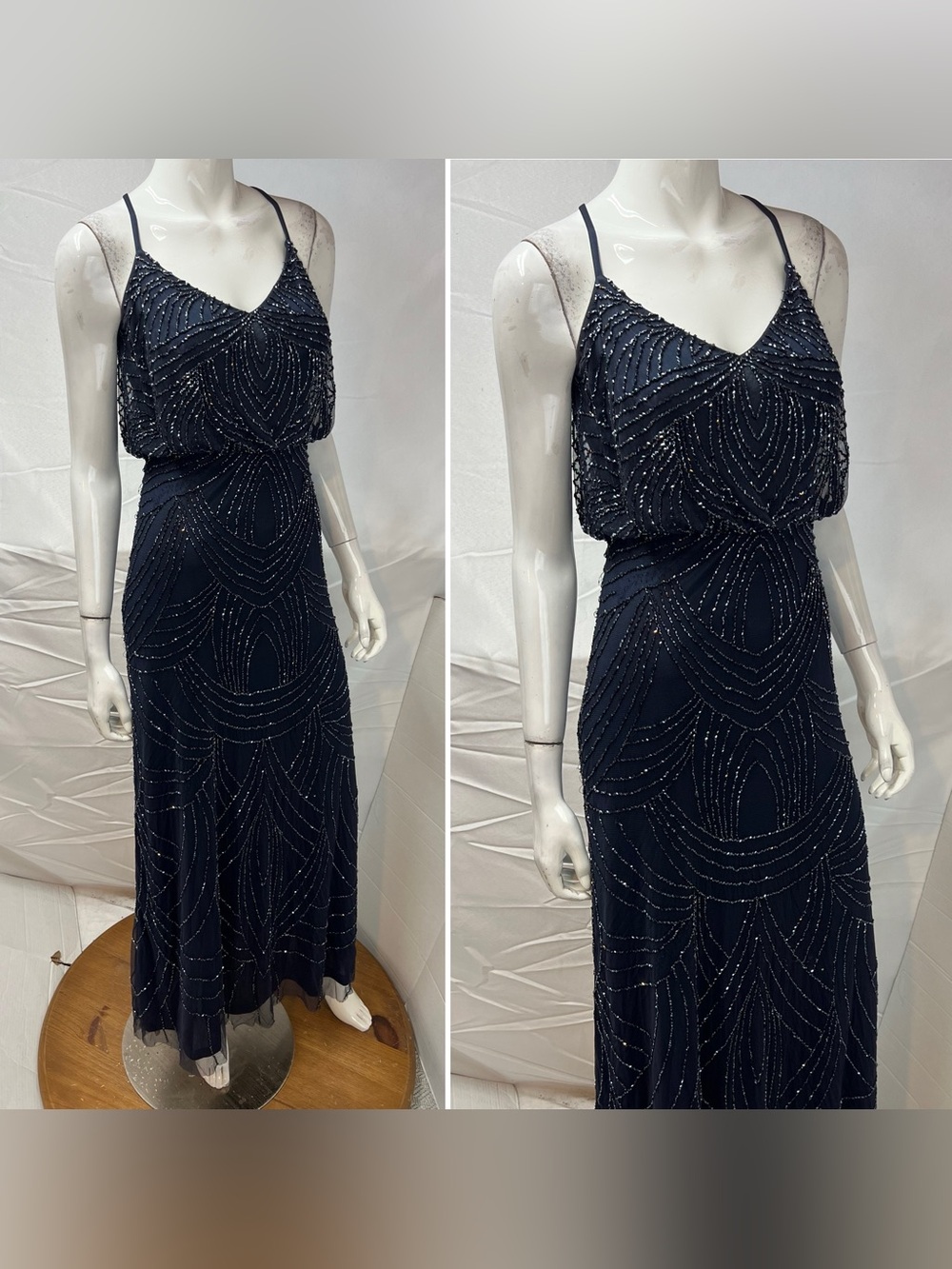 Adrianna Papell Women’s 2 Long Blue Beaded Formal Gown Dress Art Deco Evening - Picture 8 of 10